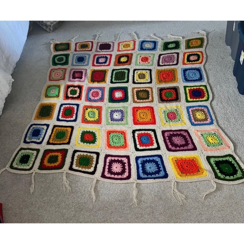Vintage Handmade Crochet Granny Square Blanket Multi Color Boho Tassel Fringe